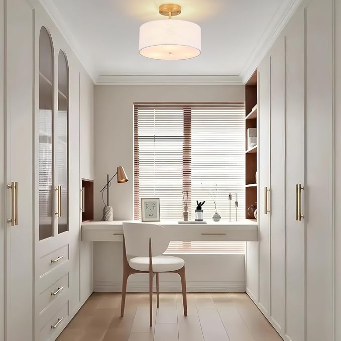 3-Light Semi Flush Mount Ceiling Light Modern Gold Drum Light Fixtures with White Fabric Cover Shade Round Chandelier for Bedroom Living Room Kitchen and Hallway