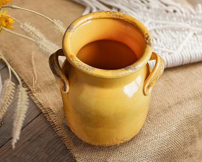 Quoowiit Ceramic Rustic Farmhouse Vase, Distressed Decorative Flower Vases for Home Decor, Ideal Shelf Decor, Yellow Boho Vase for Living Room Bedroom Kitchen Office Centerpiece Table Decorations