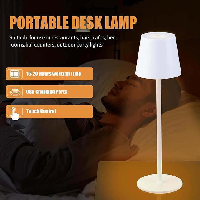 Cordless Table Lamps USB Rechargeable Simplicity Desk Lamp Built-in 4600 mAh Battery LED Battery Operated lamp with Touch Control Table lamp - Bedroom/Desk/Reading/Patio(White)