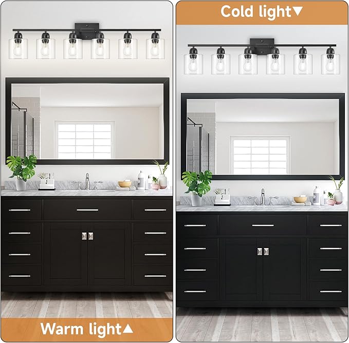 6 Light Black Bathroom Vanity Light, Vanity Lighting Fixtures with Clear Glass,38 inch Black Light Fixture Bathroom for Oversized Mirrors Living Room Bedroom Hallway E26 Base
