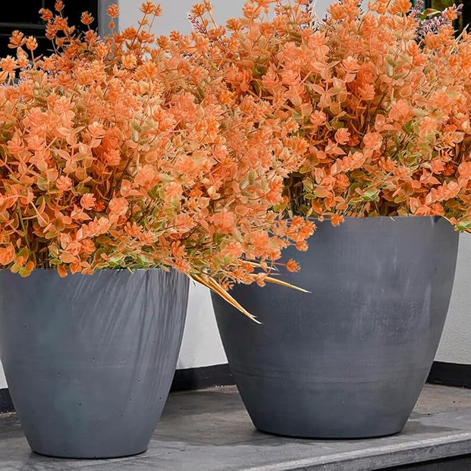 12pcs Artificial Fall Flowers Fake Eucalyptus Flower Outdoor UV Resistant Fall Plants for Home Kitchen Christmas Festival Thanksgiving Autumn Decoration (12, Fall Orange)