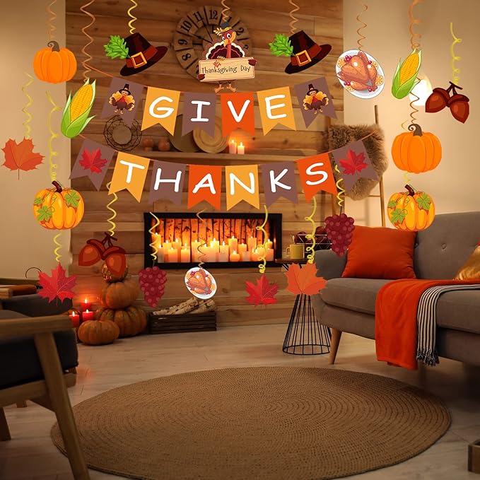 42Pcs Thanksgiving Decorations Pre-Assembled GIVE THANKS Banner Hanging Swirls for Indoor Home Party Office Classroom School Fall Decor