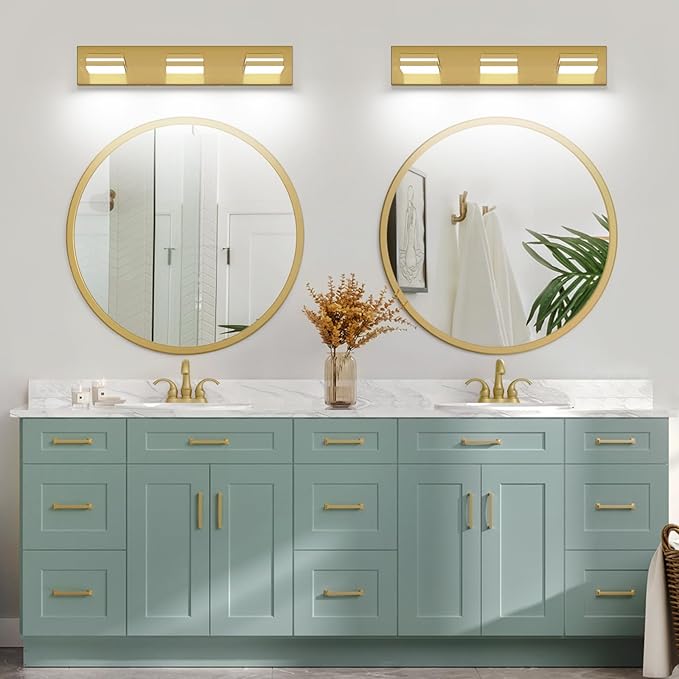 SineRise LED Modern Bathroom Vanity Light Fixtures (3-Light, 24-Inch), Brass Modern Acrylic Bathroom Wall Lighting Fixtures Over Mirror (Cool White 6000K)