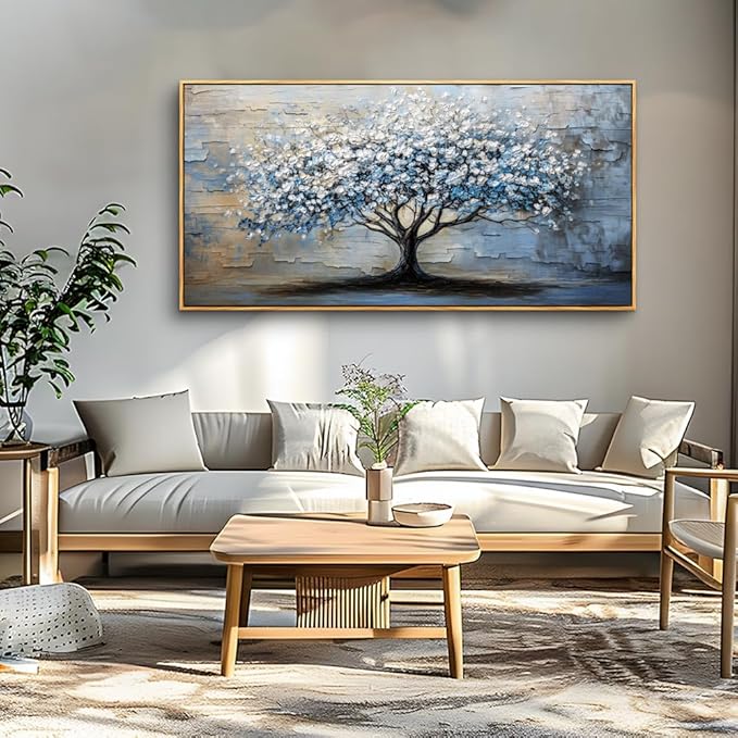 ERQINHUA Abstract Wall Art Living Room Large Wall Decor Wood Framed Art For Office Wall Pictures Blue Grey Tree Painting Canvas Printing Artwork Bedroom Restaurant Home Decoration Aesthetic 30"X60"