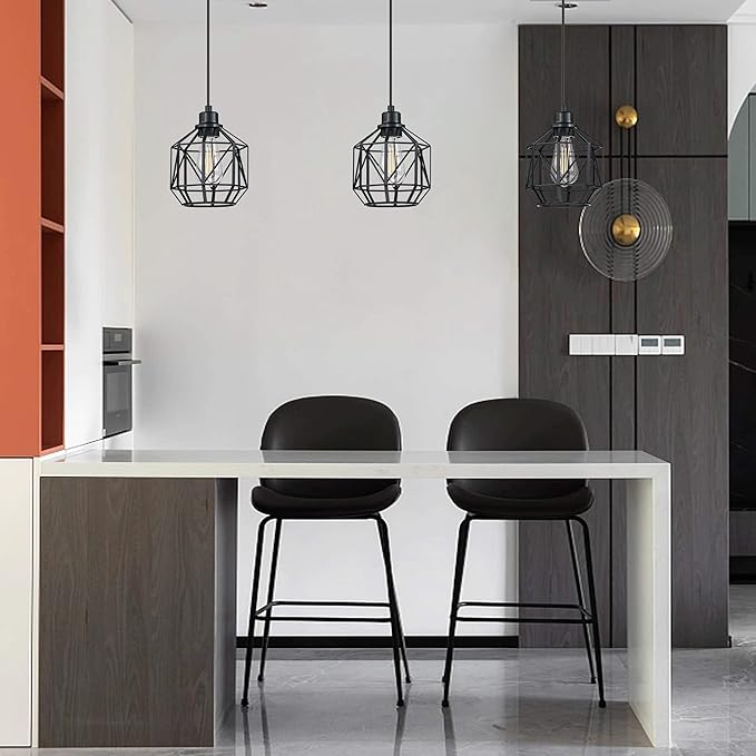 Leading Lighting 3 Pack 1 Light Vintage Hanging Pendant Light Fixture,Farmhouse Lantern Cage Pendant Ceiling Lights with Black Finish for Kitchen Island Dining Restaurant Room Hallway Hotel Bar