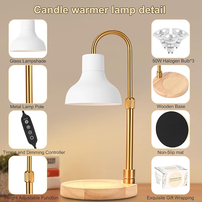 Candle Warmer Lamp with Timer & Dimmer, Adjustable Height Electric Candle Warmer with 3 Bulbs,Compatible with All Size Scented Candles, Wax Melt Warmer for Bedroom,Home Decor House Warming Gifts