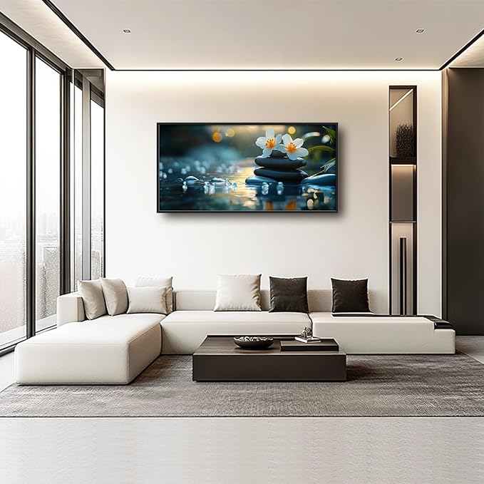 Zen Framed Wall Art for Living Room, Large Lotus Canvas Wall Decor, Stones in Water Landscape Pictures Painting, Modern Artwork for Spa Bathroom Bedroom 60L'' × 30W''