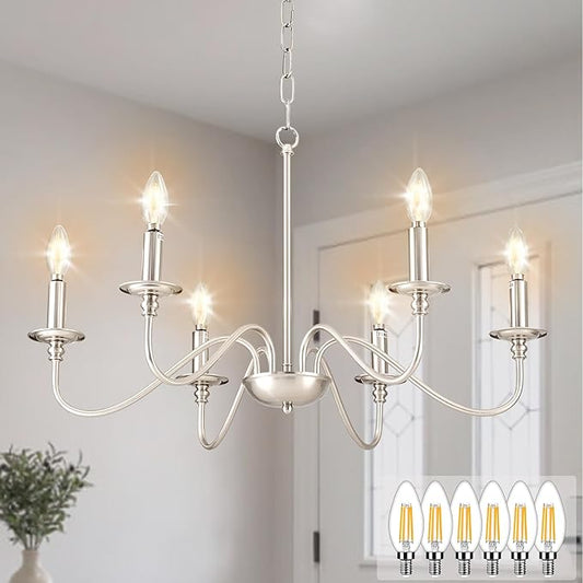 Depuley Modern Chandelier for Dining Room: 6-Light Brushed Nickel Farmhouse Hanging Ceiling Pendant Light Fixture for Kitchen Island - Industrial Vintage Candle Chandeliers for Living Room