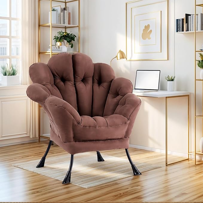 Lazy Chair, Modern Floral Reading Chair with Folding Footrest, Lounge Accent Chair, Comfortable Oversized Armchairs for Bedroom, Living Room, Courtyard, Dark Brown