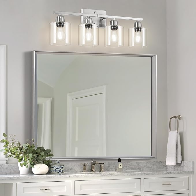 Brushed Nickel Vanity Lights for Bathroom, 4 Light Bathroom Vanity Light Over Mirror, Wall Lights with Clear Glass, E26 Socket