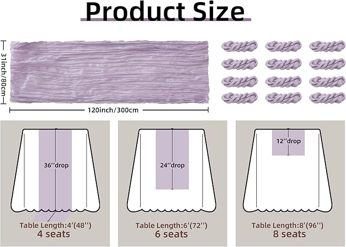 FEXIA 12 Pack Lilac Table Runner 35x120 Inches for Baby Shower Decoration Gauze Rustic Table Runner for Wedding Party First Communion Centerpiece Engagement Bridal Shower Boho Decoration