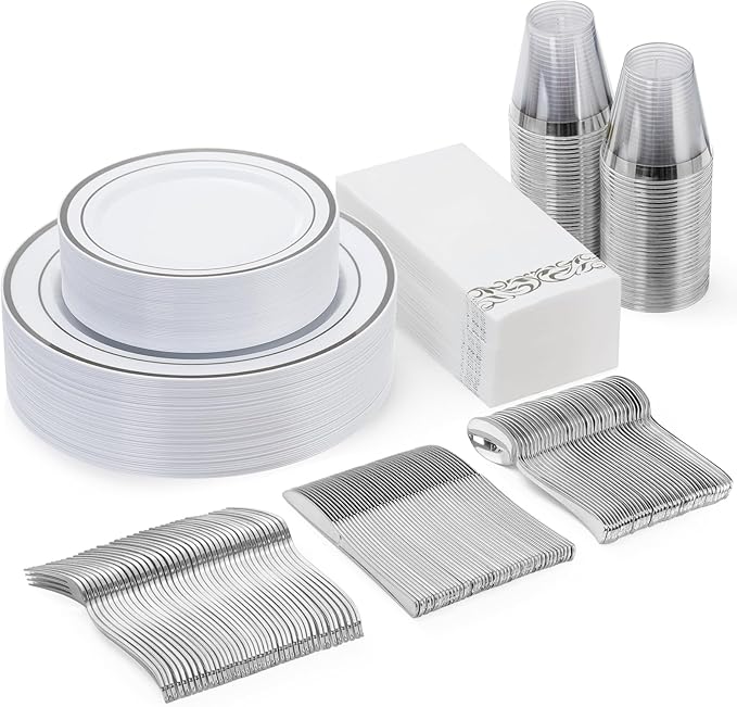 Goodluck 175 Piece Silver Dinnerware Set for 25 Guests, Plastic Disposable Plates for Party, Includes Dinner and Dessert Plates, Paper Napkins, Cups, Silverware Set