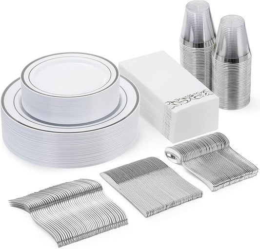 Goodluck 175 Piece Silver Dinnerware Set for 25 Guests, Plastic Disposable Plates for Party, Includes Dinner and Dessert Plates, Paper Napkins, Cups, Silverware Set