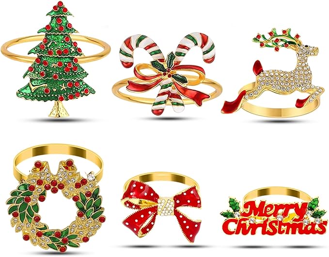 KPOSIYA Christmas Napkin Rings Set of 6, Metal Xmas Napkin Ring Holders for Winter Christmas Holiday Dinner Party Table Decoration