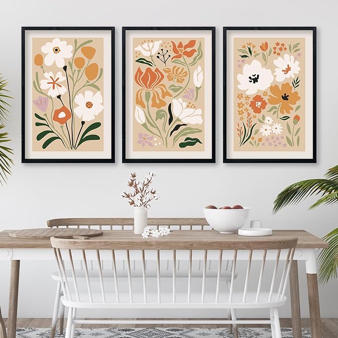 Boho Flowers Wall Art Sign Set of 3 16"x11" Mid Century Modern Minimalist Wooden Framed Abstract Flower for Vintage Living Room Bedroom Wall Hanging Decor (Black)