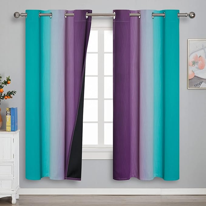 Estelar Textiler Ombre Teal and Purple Blackout Curtains 72 Inch Length 2 panels, Grommet Thermal Insulated Gradient Drapes for Kids Room, Full Light Blocking Blackout Curtains for Bedroom, 42x72 Inch