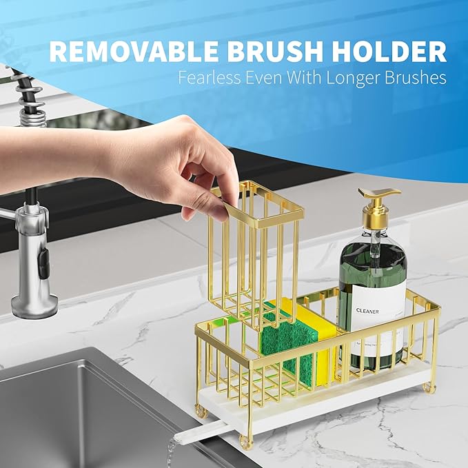 Cisily Gold Sponge Holder for Kitchen Sink, Sink Caddy Organizer with High Brush Holder, Kitchen Countertop Organizers and Storage Essentials, Rustproof 304 Stainless Steel, Soap Dispenser Organize
