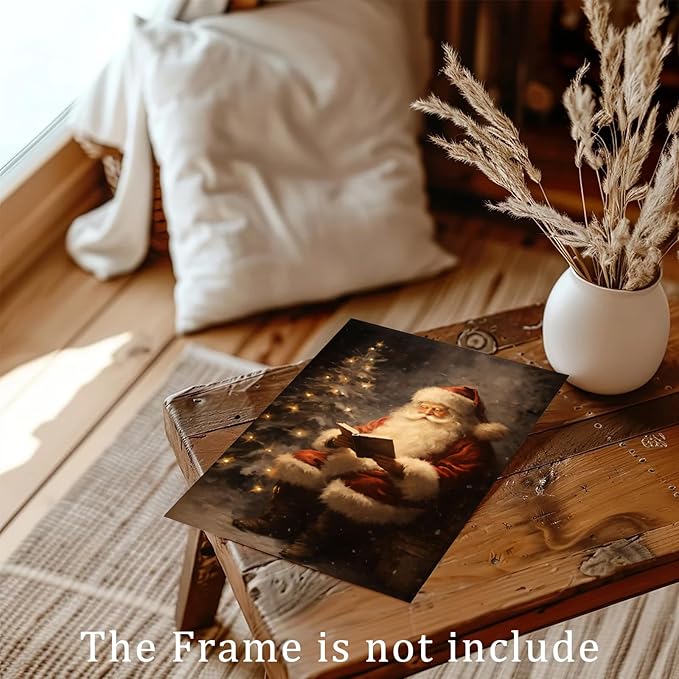 RETRART Christmas Wall Art Vintage Holiday Canvas Print with Santa Claus Christmas Tree, Christmas Pictures Wall Decor Waterproof Fade-Resistant Oil Painting Decor for Living Room, Bedroom(8"x10")