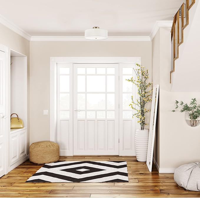 GLOBE Electric 60998 2-Light Flush Mount Ceiling Light, Matte Brass, White Linen Shade, E26 Base, Minimalist Lighting for Kitchen Island, Bathroom, Bedroom, or Dining Room, Home Decor