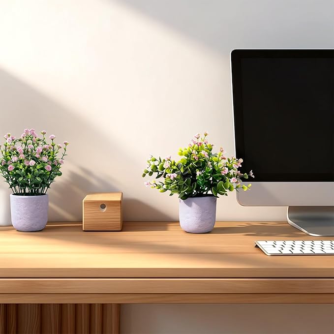 FGSAEOR Mini Potted Fake Plants, Small Artificial Greenery Realistic Plants Topiaries, Low Maintenance, for Home Office Shelf Desk Farmhouse Room Coffee Table Decor (3-Pack) (Purple Pink (Round Pot))