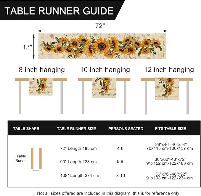 Seliem Fall Sunflowers Table Runner, Vintage Spring Summer Flower Home Kitchen Dining Decor, Seasonal Farmhouse Floral Decorations Indoor Outdoor Party Supply 13 x 72 Inch