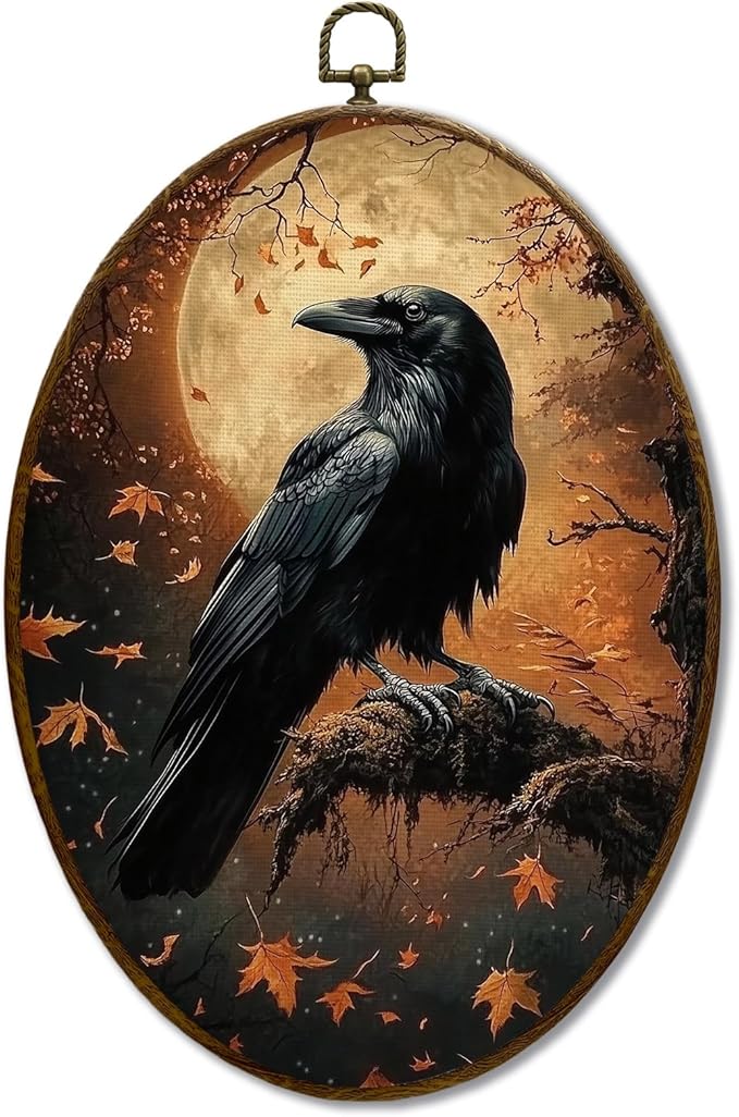JQF Crow Decor, Fall Gothic Raven Oval Wall Art, Vintage Rustic Fall Crow Oval Canvas Wall Art, Dark Cottagecore Gothic Autumn Raven Framed Prints Hanging Decor for Home Bedroom Living Room, 8.5x11.5 Inch