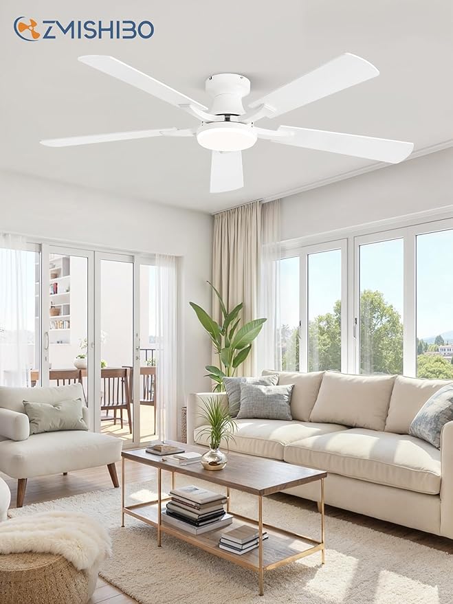 ZMISHIBO 52 Inch Ceiling Fan with Light, App&Remote Control, Flush Mount Low Profile, Dimmable 20W LED Light, Quiet Reversible Motor for Bedroom, Living Room, Apartment, White