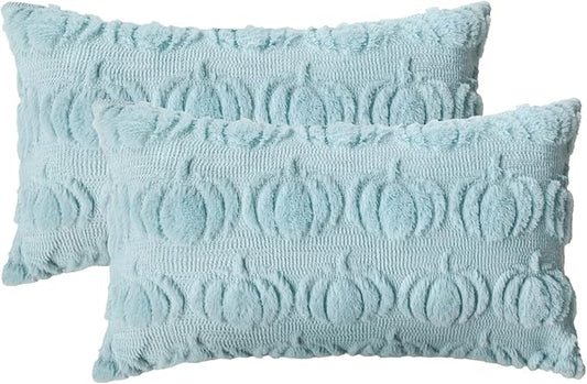 AVOIN colorlife Fall Pumpkin Blue Throw Pillow Covers, 12 x 20 Inch Seasonal Autumn Thanksgiving Harvest Decoration Soft Plush Faux Fur Jacquard Cushion Case Decoration for Sofa Couch Set of 2