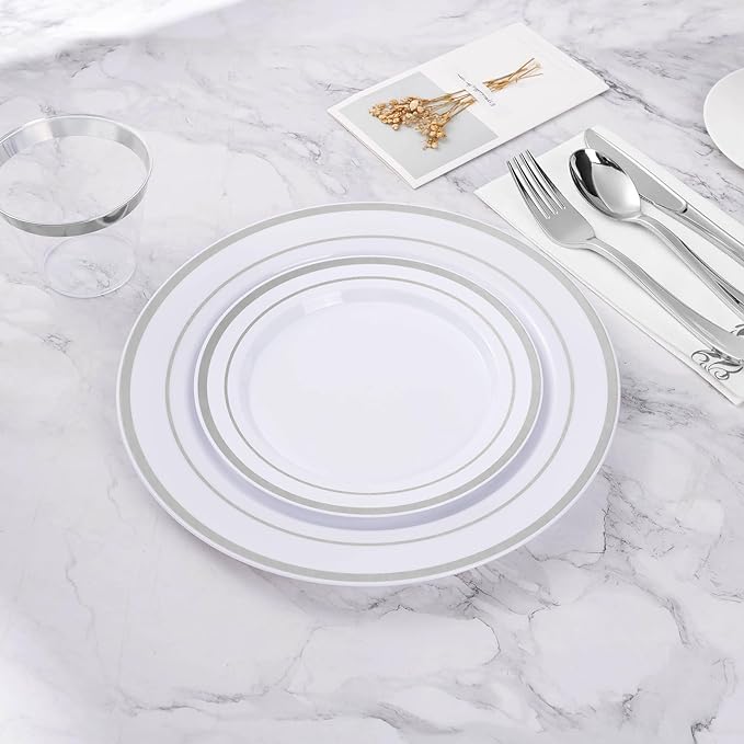 100PCS Silver Plastic Plates, 10.25 Inch Disposable Dinner Plate Party with Silver Rim for Christmas, Thanksgiving, Heavy Duty Disposable Plastic Plates for Party, Wedding and Birthday, Events