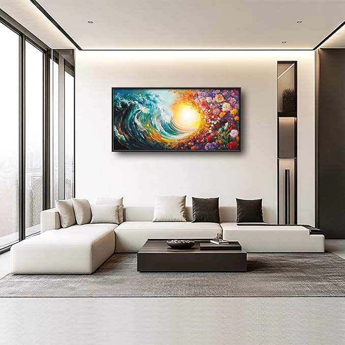 Ocean Framed Wall Art for Living Room, Large Waves with Flowers Canvas Wall Decor, Vintage Beach Pictures Painting, Modern Artwork for Bathroom Bedroom 60L'' × 30W''