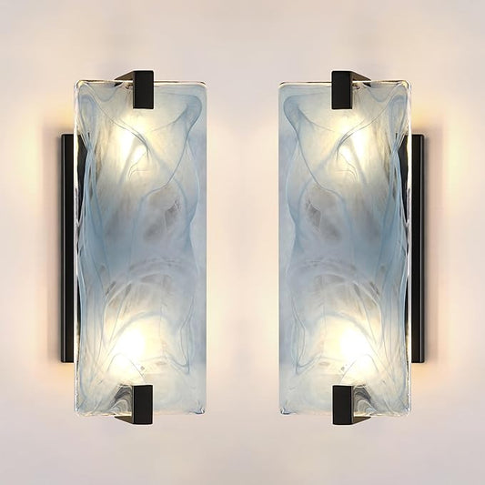 Leading Lighting 2 Pack 2 Light Square Frosted Blue Glass Bathroom Wall Sconce Modern Concise Style Wall Light Fixture,Black Finish for Bedroom Hallway Bedside