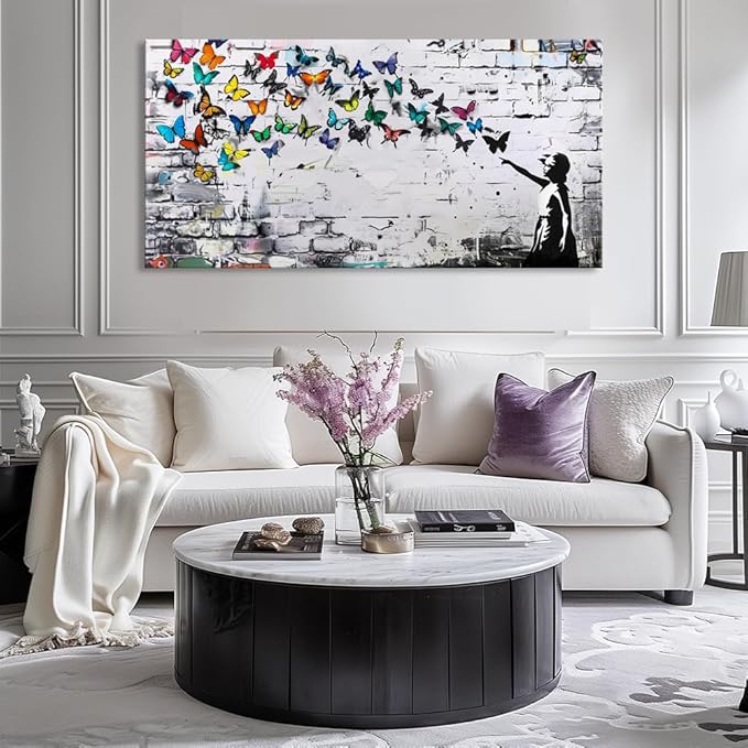 Colorful Graffiti Wall Art Funny Butterfly Paintings Banksy Street Art Mural Pop Art Home Office Wall Decor Framed Canvas Wall Decor for Living Room Ready to Hang - 48x24in