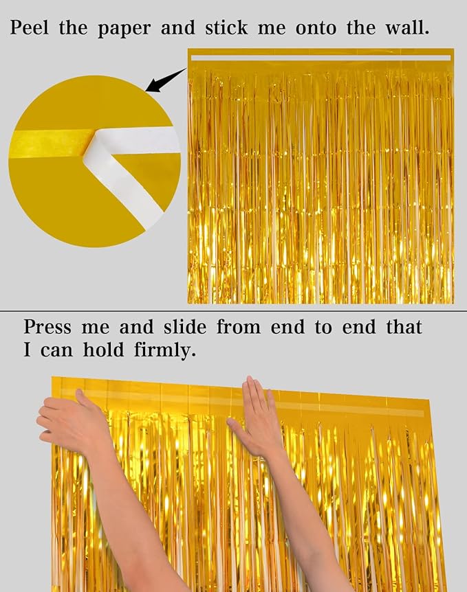 Gold Tinsel Backdrop Party Decorations, Melsan 3.2 x 8 ft Foil Fringe Curtains for Birthday, Anniversary, Graduation, New Year Eve, Pack of 2