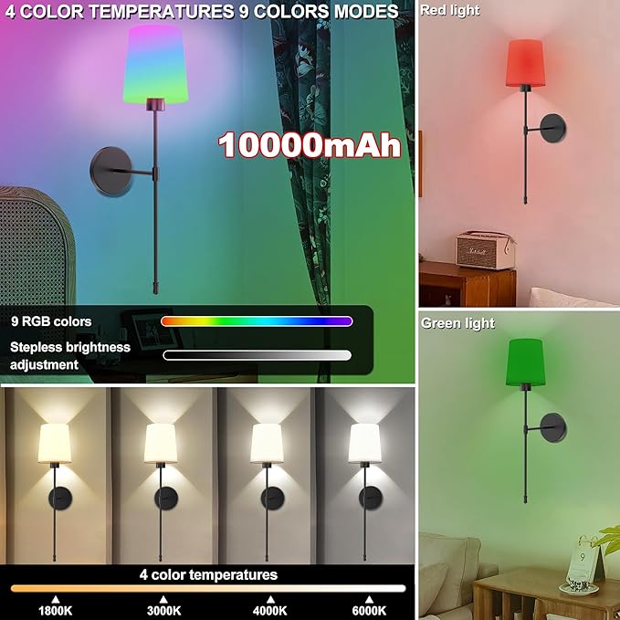 10000mAh Battery Operated Wall Sconces Set of Two, 28 Inches Long Wireless Sconces Set of 2 Wall Light with RGB Rechargeable Magnetic Bulb, Sconces Wall Decor Set of 2 for Bedroom Living Room, Black