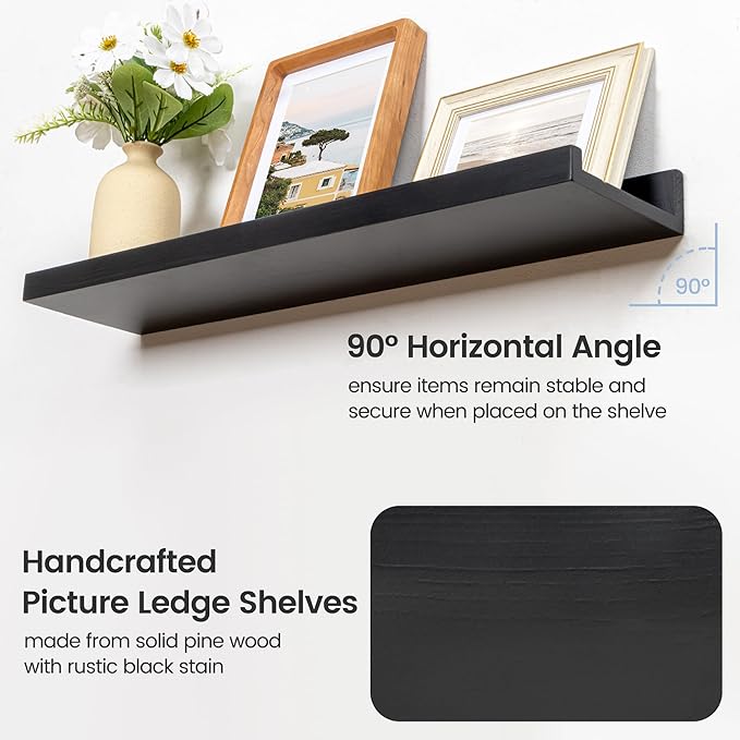 Picture Ledge Shelf, Floating Shelves Set of 2, Solid Pine Wood 72'' Long Large Nursery Book Shelves for Toys Storage, Kids Bookshelf for Living Room Bedroom Decor Books Photo Frames, Black