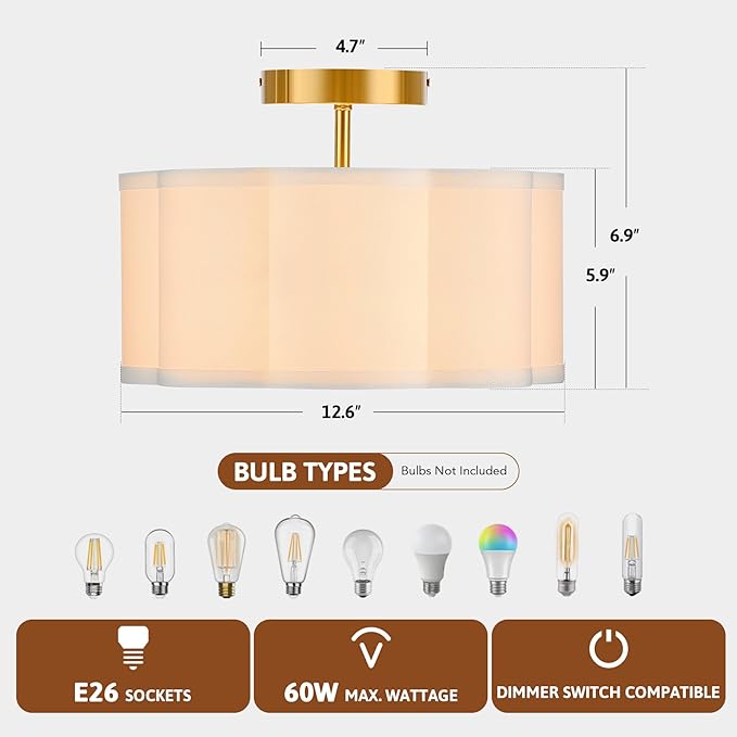 VONLUCE Semi Flush Mount Ceiling Light, 13" Ceiling Light Fixture with Flower-Shaped Fabric Shade, 3-Light Modern Light Fixture for Bedroom Living Room Nursery Hallway, White Shade & Gold Finish