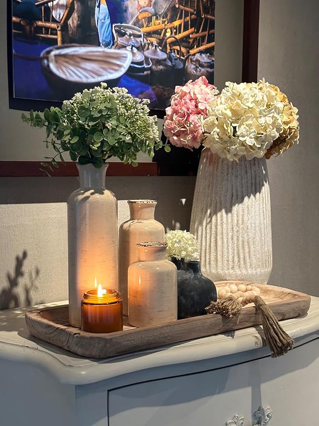 CwlwGO- Ceramic Rustic Vase 3 Piece Set,Small vase for Country Home Decoration,Modern Farmhouse Decor, Living Room Table Decoration, Bookcase, Fireplace and Entrance Decorations.(White)