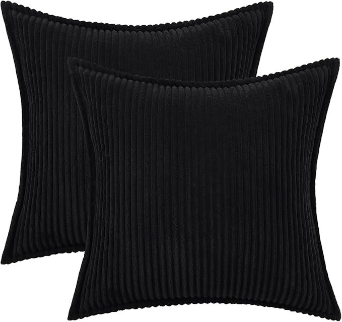 Mecatny Corduroy Throw Pillow Covers 20x20 Set of 2, Neutral Decorative Soft Boho Couch Pillow Covers with Broadside for Sofa Living Room, Black