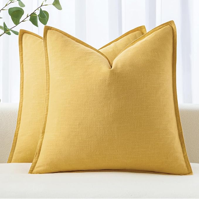 MIULEE Decorative Linen Pillow Covers 18x18 Inch Yellow Boho Farmhouse Neutral Couch Throw Pillows for Bed Pack of 2 Accent Modern Pillowcase Summer Sofa Livingroom Home Decor