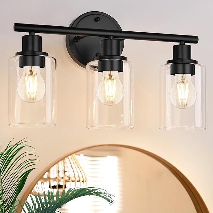 3-Light Black Bathroom Light Fixture Over Mirror, 3-Light Bathroom Vanity Light Over Sink, Black 3 Bulb Wall Light for Mirror