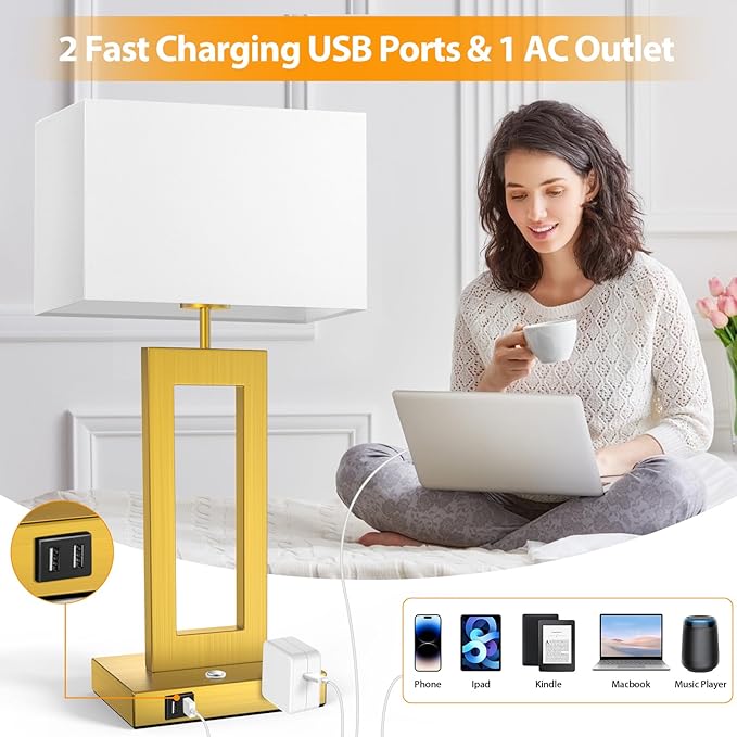 22ββ Touch Control Table Lamps Set of 2, 3 Color Temperatures Bedroom Bedside Lamps, Modern Gold Dimmable Lamps with USB Ports & AC Outlet, Tall Living Room Lamps for Nightstand End Table, 2 Bulbs