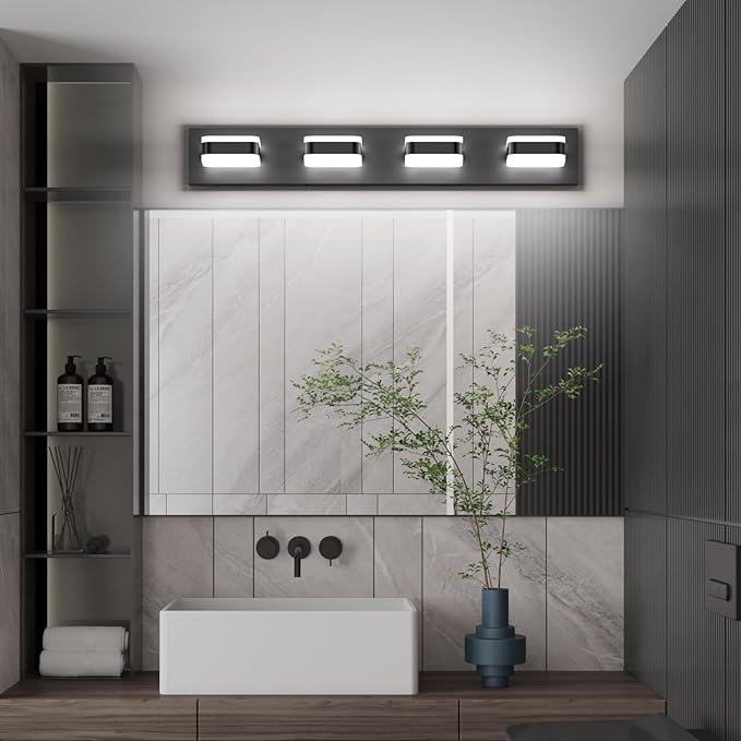 Tipace Black Bathroom Vanity Lights 4 Lights LED Modern Black Bathroom Light Fixture Over Mirror Acrylic Wall Lighting (White Light 5500K) with Rotatable Vanity Lights Heads