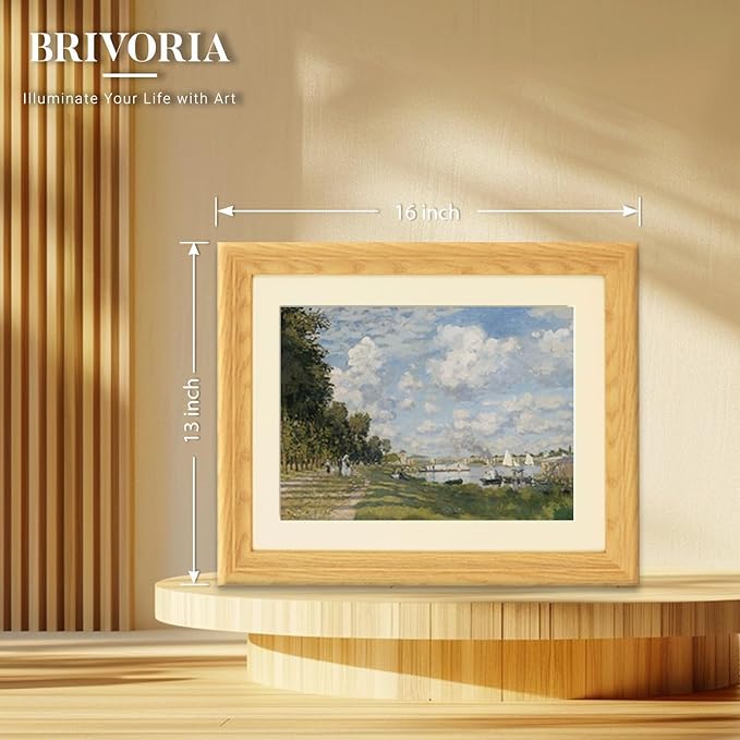 Brivoria Framed Canvas Wall Art Vintage Decor, Impressionist Riverside Print with Autumn Sky, Sailboats, and Tree-Lined Path for Entryway Hallway Reading Nook Bathroom or Office Display, 13"x16"