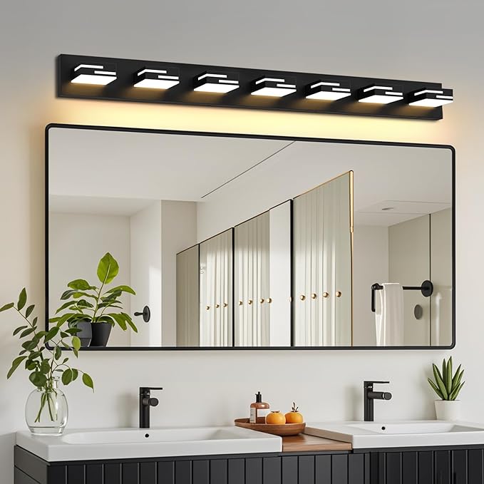 LED Modern Bathroom Vanity Light Fixtures 7-Light 5CCT Dimmable Matte Black Vanity Lights for Bathroom Lighting Fixtures Over Mirror, with 350° Rotatable Acrylic Heads, 48-inch