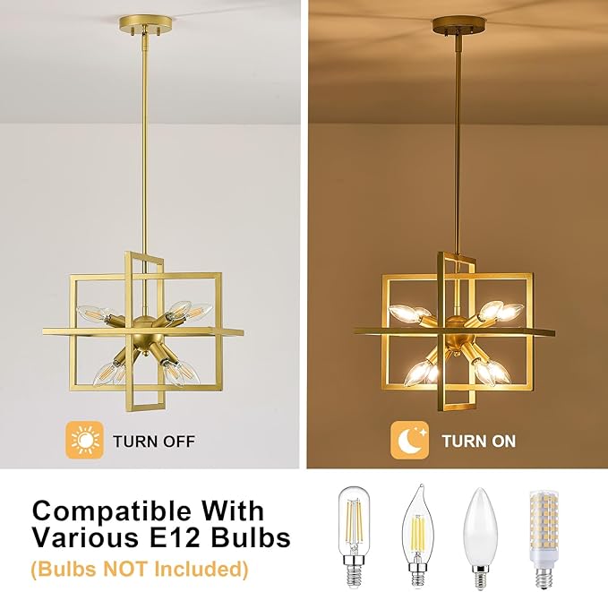 Small Modern Lantern Chandeliers,Geometric Gold Pendant Light Fixture,8-Light Industrial Hanging Chandelier for Dining Room, Living Room,Kitchen, Bedroom, Foyer, Hallway, UL Listed