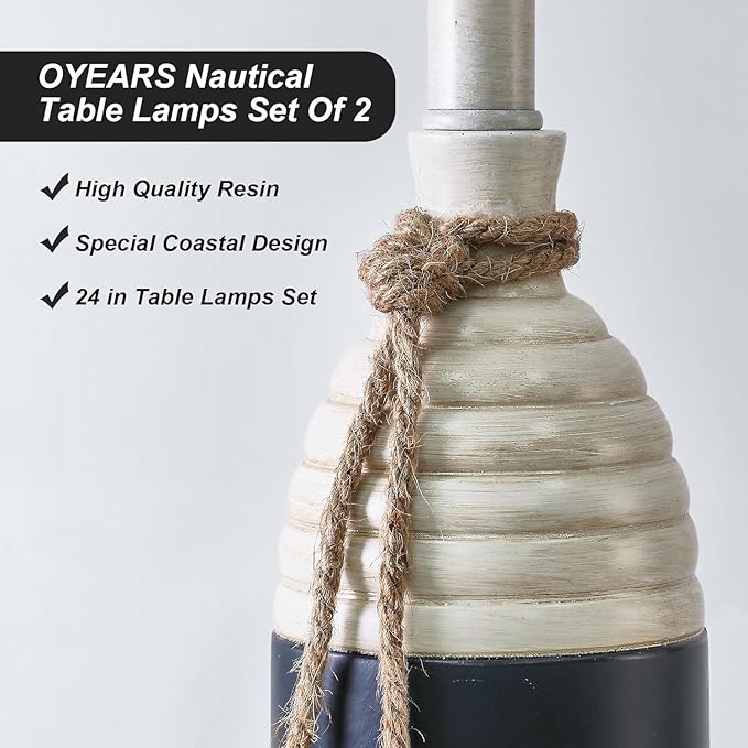OYEARS 23.75" Table Lamps Set of 2, Bedside Lamps for Nightstands, Nautical Table Lamps for Living Room, Coastal Ocean Beach Style, Resin, Navy Blue