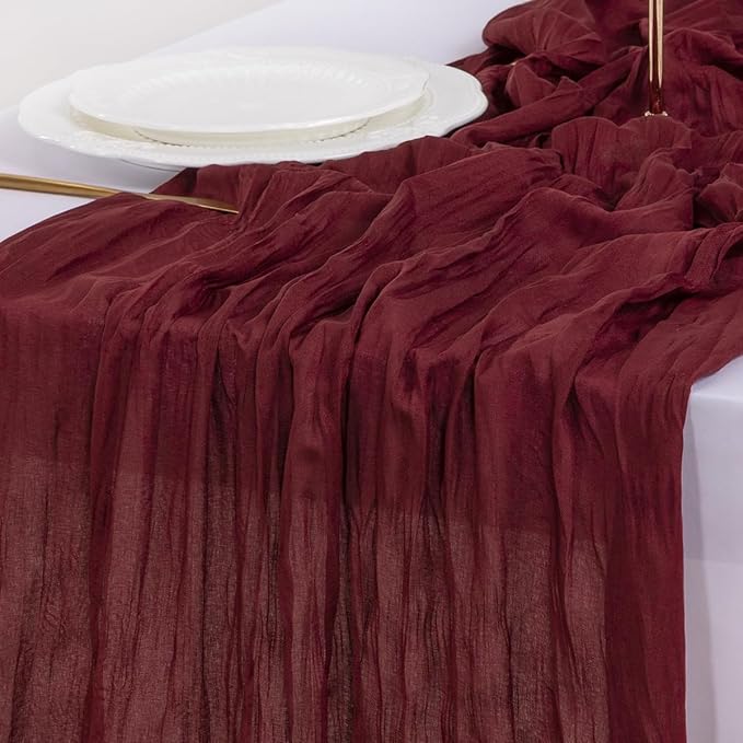 Socomi 6pcs Burgundy Red Fall Thanksgiving Cheesecloth Table Runner Boho Rustic Gauze 120 inch 10FT Cheese Cloth Runner for Wedding Party Baby Shower Birthday Home Decor Holiday Decorations