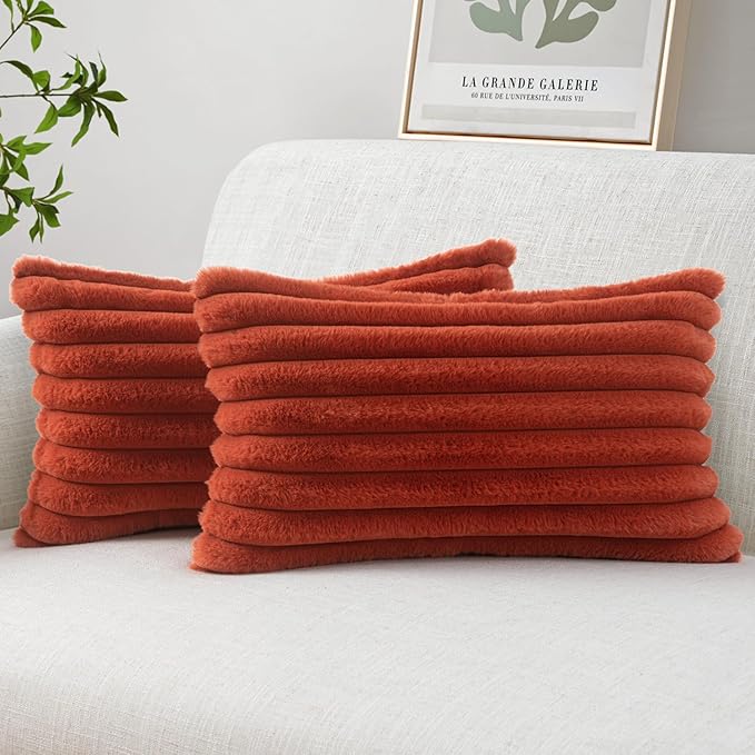 MIULEE Fall Faux Fur Lumbar Decorative Throw Pillow Covers 12x20 Inch Set of 2, Retro Vintage Boho Home Decor Soft Plush Couch Pillows Cozy Fluffy Cushion Covers for Sofa Bed Rust