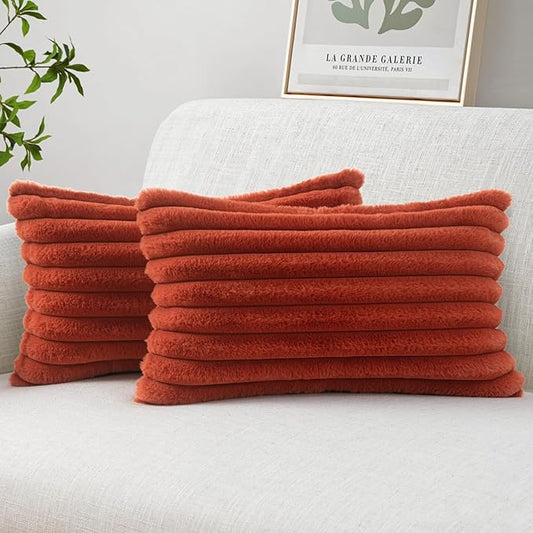 MIULEE Fall Faux Fur Lumbar Decorative Throw Pillow Covers 12x20 Inch Set of 2, Retro Vintage Boho Home Decor Soft Plush Couch Pillows Cozy Fluffy Cushion Covers for Sofa Bed Rust