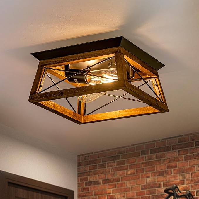 Farmhouse Ceiling Light, 2-Light Flush Mount Light Fixture with Metal and Wood Design, Rustic Light Fixture for Kitchen, Entryway, Hallway, Bedroom